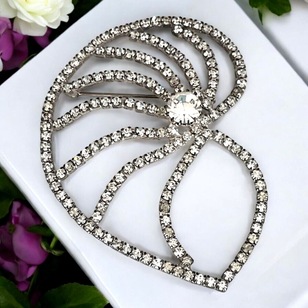 Vintage 1960s Shell Brooch Rhinestone Openwork Silver Tone Statement Pin - 10Q